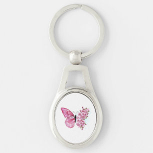 Flower Butterfly med Rosa Sakura Ovalt Silverfärgad Nyckelring