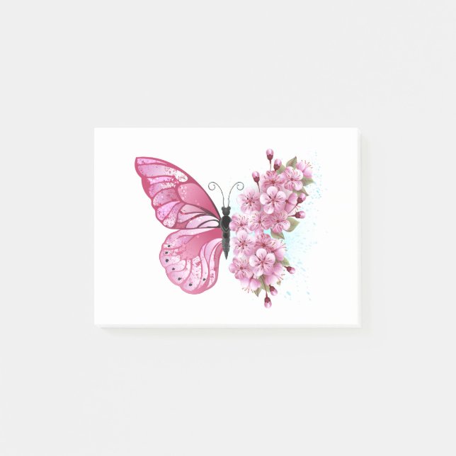 Flower Butterfly med Rosa Sakura Post-it Block (Framsida)