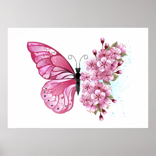 Flower Butterfly med Rosa Sakura Poster (Framsidan)