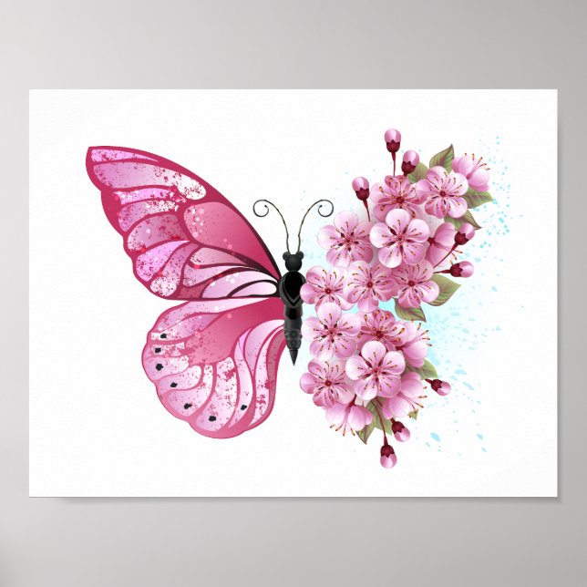 Flower Butterfly med Rosa Sakura Poster (Framsidan)