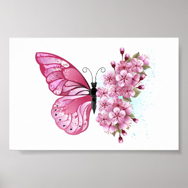 Flower Butterfly med Rosa Sakura Poster (Framsidan)