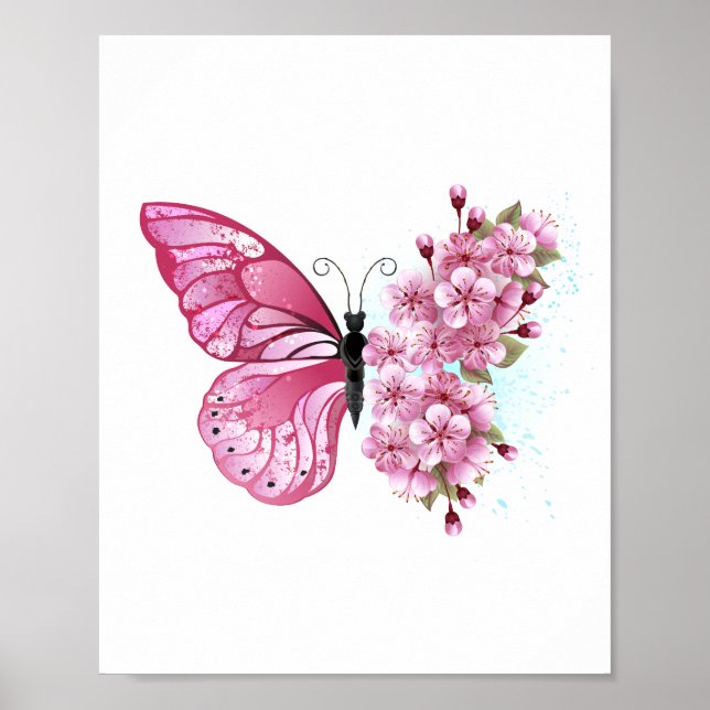 Flower Butterfly med Rosa Sakura Poster (Framsidan)