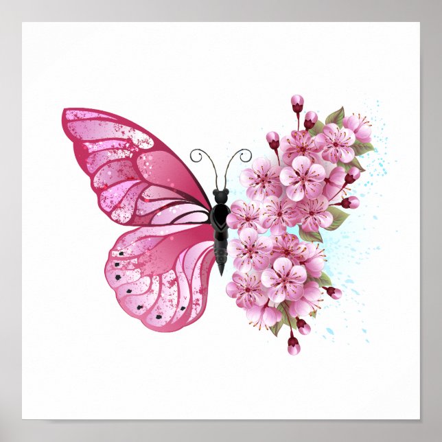 Flower Butterfly med Rosa Sakura Poster (Framsidan)