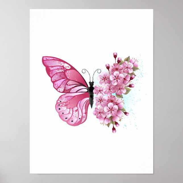 Flower Butterfly med Rosa Sakura Poster (Framsidan)