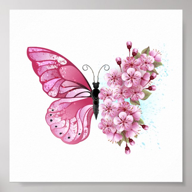 Flower Butterfly med Rosa Sakura Poster (Framsidan)