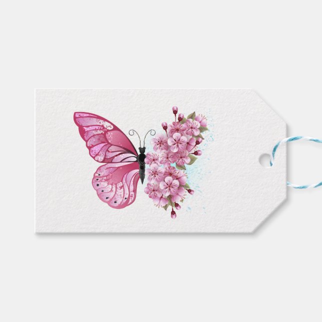 Flower Butterfly med Rosa Sakura Presentetikett (Framsidan (Horisontell))