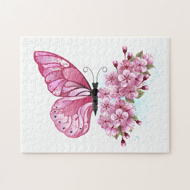 Flower Butterfly med Rosa Sakura Pussel (Horisontell)