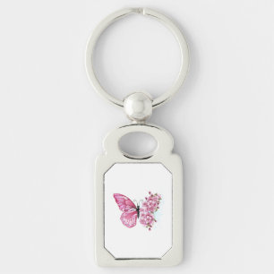 Flower Butterfly med Rosa Sakura Rektangulärt Silverfärgad Nyckelring