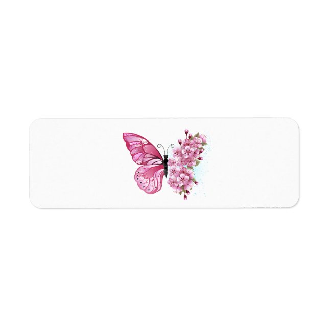 Flower Butterfly med Rosa Sakura Returadress Etikett (Framsidan)