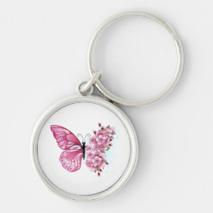 Flower Butterfly med Rosa Sakura Rund Silverfärgad Nyckelring