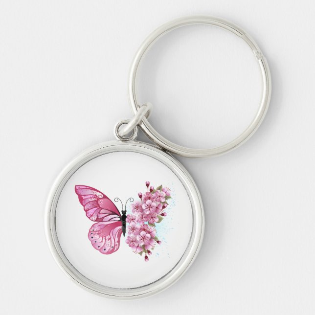 Flower Butterfly med Rosa Sakura Rund Silverfärgad Nyckelring (Framsidan)