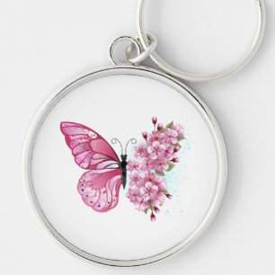 Flower Butterfly med Rosa Sakura Rund Silverfärgad Nyckelring