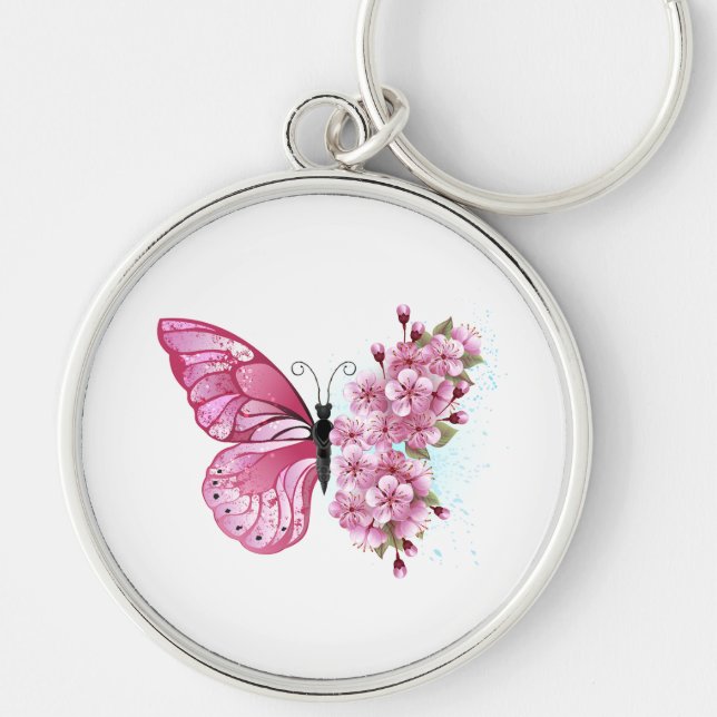 Flower Butterfly med Rosa Sakura Rund Silverfärgad Nyckelring (Framsidan)