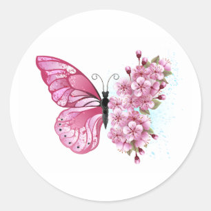 Flower Butterfly med Rosa Sakura Runt Klistermärke