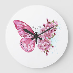 Flower Butterfly med Rosa Sakura Stor Klocka