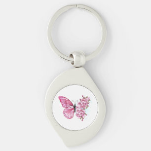 Flower Butterfly med Rosa Sakura Swirl Silverfärgad Nyckelring