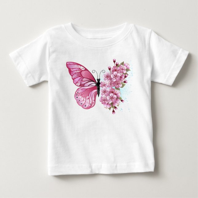 Flower Butterfly med Rosa Sakura T Shirt (Framsida)