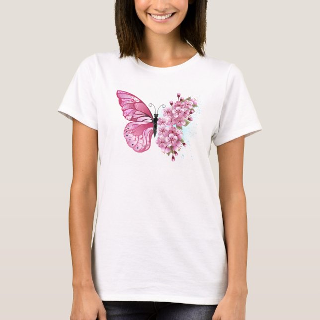 Flower Butterfly med Rosa Sakura T Shirt (Framsida)