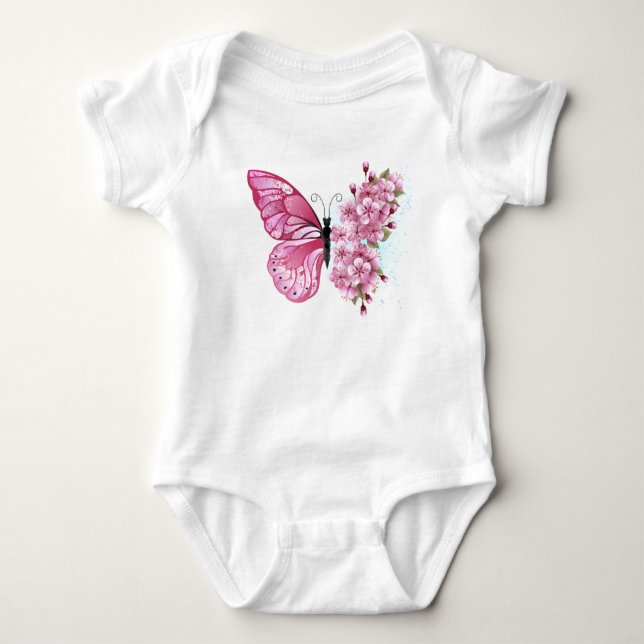 Flower Butterfly med Rosa Sakura T Shirt (Framsida)