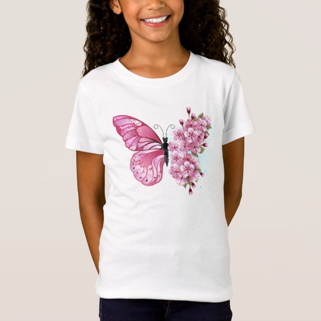 Flower Butterfly med Rosa Sakura T Shirt (Framsida)