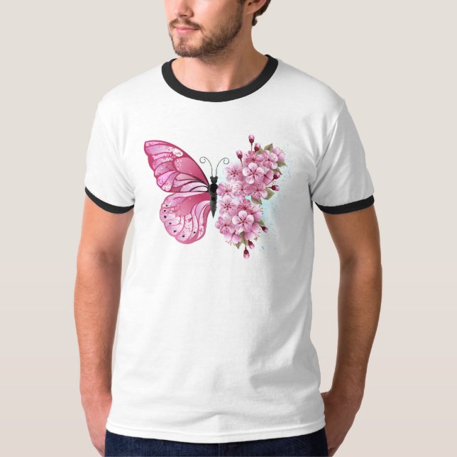 Flower Butterfly med Rosa Sakura T Shirt (Framsida)