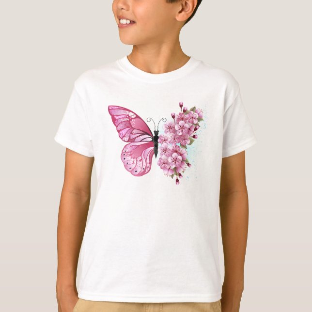 Flower Butterfly med Rosa Sakura T Shirt (Framsida)