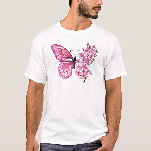 Flower Butterfly med Rosa Sakura T Shirt (Framsida)