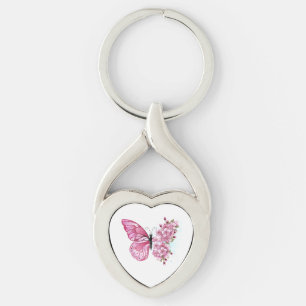 Flower Butterfly med Rosa Sakura Twisted Heart Silverfärgad Nyckelring