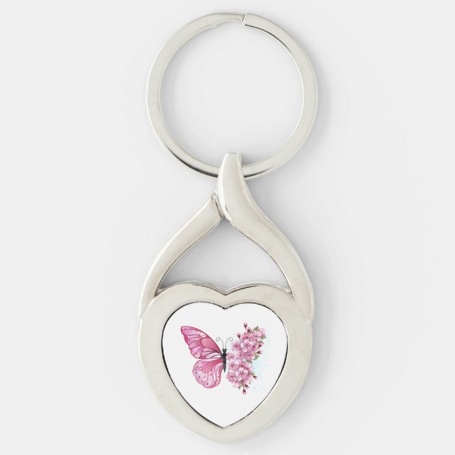 Flower Butterfly med Rosa Sakura Twisted Heart Silverfärgad Nyckelring (Framsidan)