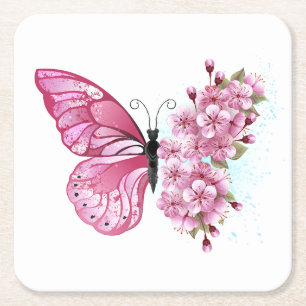 Flower Butterfly med Rosa Sakura Underlägg Papper Kvadrat