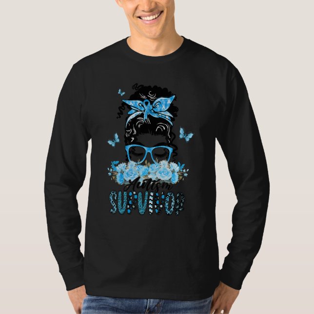 Flower Butterfly Messy Bun Autism Survivor T Shirt (Framsida)