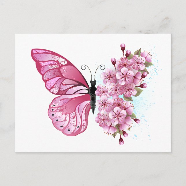 Flower Butterfly with Pink Sakura Inbjudan Vykort (Framsida)