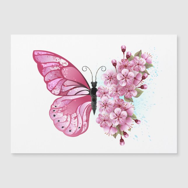 Flower Butterfly with Pink Sakura Magnetisk Inbjudningskort (Framsida)