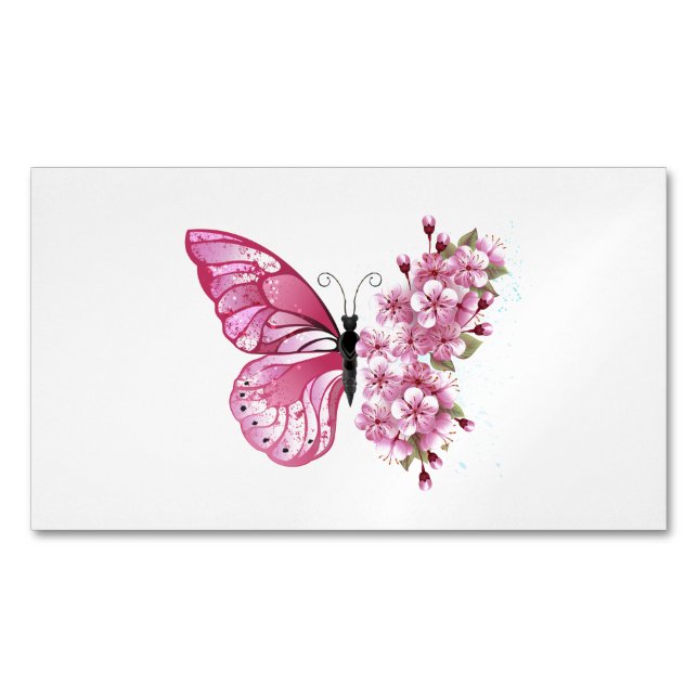 Flower Butterfly with Pink Sakura Magnetiska Visitkort (Framsida)