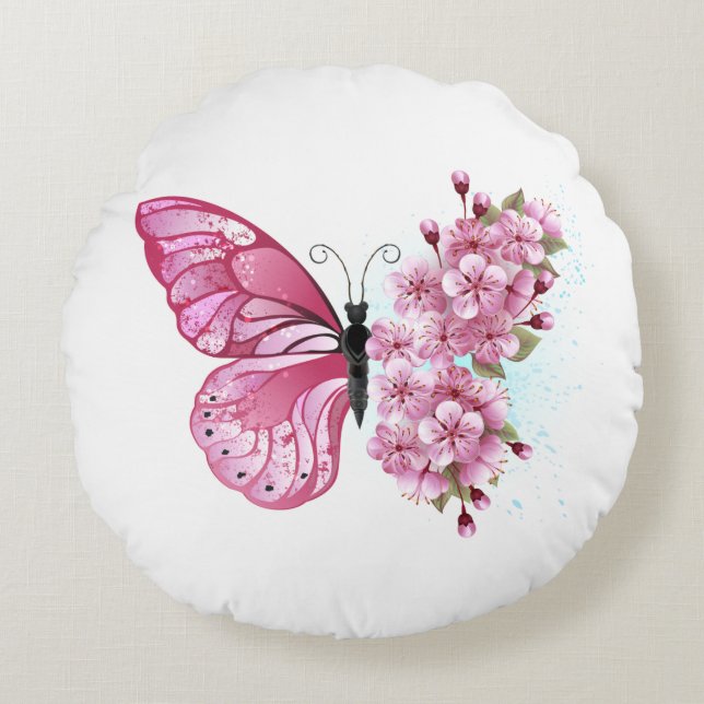 Flower Butterfly with Pink Sakura Rund Kudde (Framsidan)