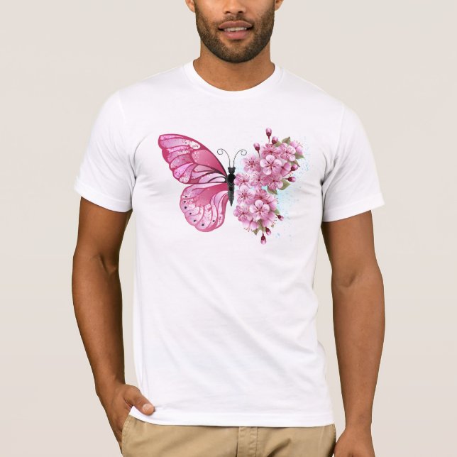 Flower Butterfly with Pink Sakura T Shirt (Framsida)