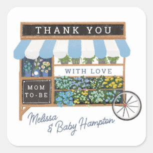 Flower Cart Farmers Market Blue Baby Shower Favor Fyrkantigt Klistermärke