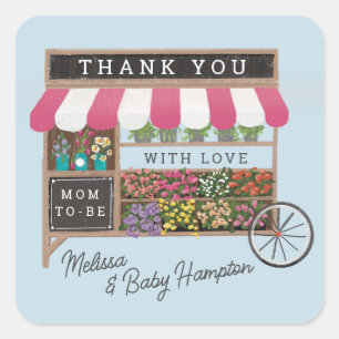 Flower Cart Farmers Market Rosa Baby Shower Favor Fyrkantigt Klistermärke