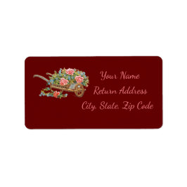 Flower Cart & Rosa Flowers Burgundy Personalize Adressetikett