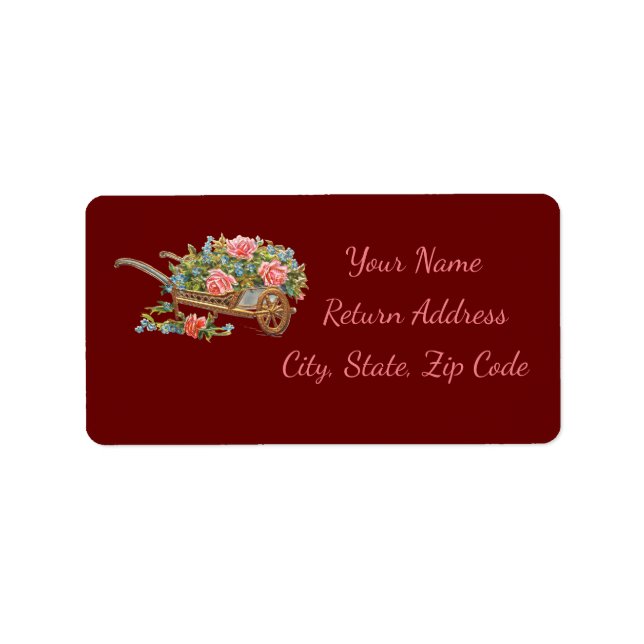 Flower Cart & Rosa Flowers Burgundy Personalize Adressetikett (Framsidan)