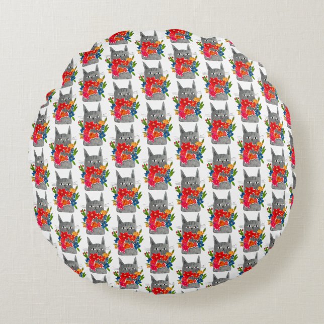 Flower cat rund kudde (Framsidan)