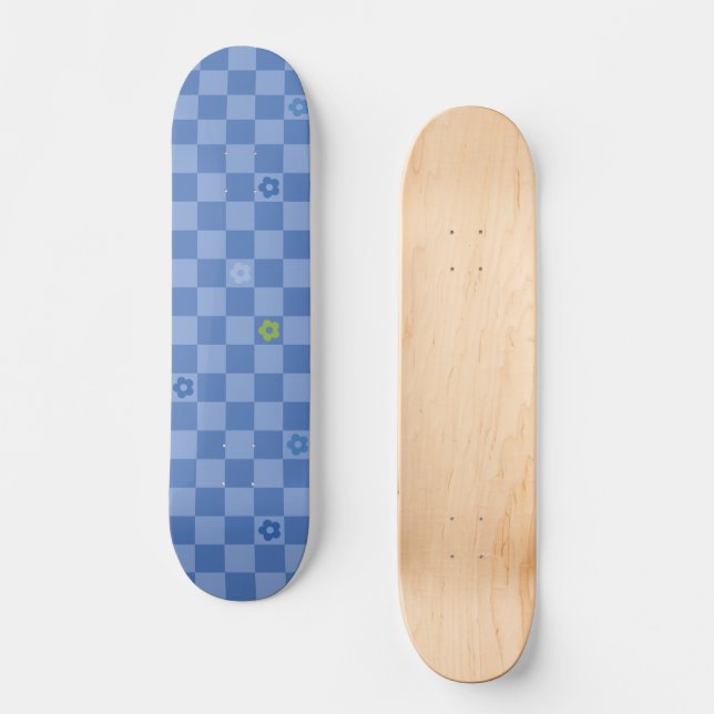 Flower Checkered Pattern No. 01 - Light Blue Mini Skateboard Bräda 18,5 Cm (Framsida)