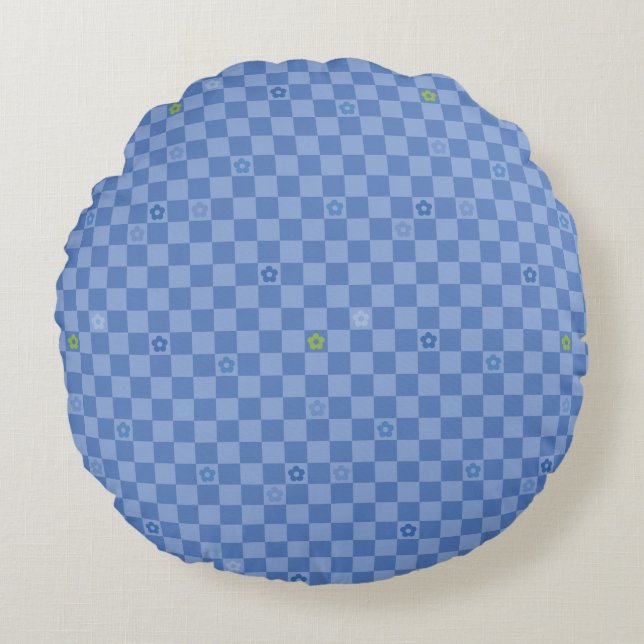 Flower Checkered Pattern No. 01 - Light Blue Rund Kudde (Framsidan)