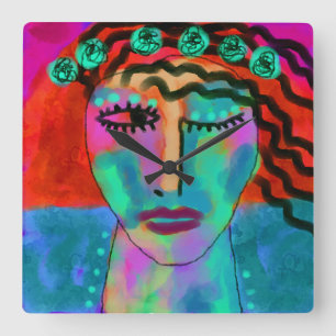 Flower Child Original Abstrakt Art Fyrkantig Klocka