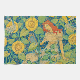 Flower Child Woman in Solros Garden Kökshandduk