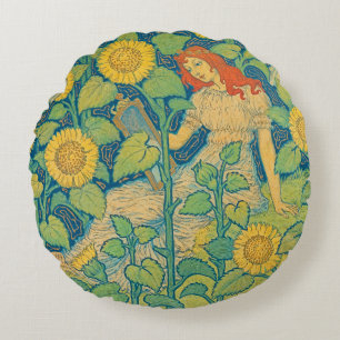 Flower Child Woman in Solros Garden Rund Kudde
