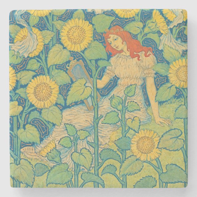 Flower Child Woman in Solros Garden Stenunderlägg (Framsidan)