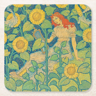Flower Child Woman in Solros Garden Underlägg Papper Kvadrat