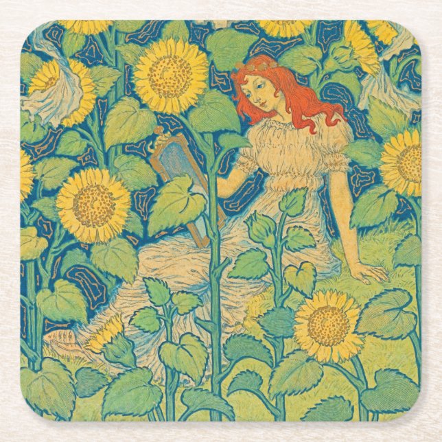 Flower Child Woman in Solros Garden Underlägg Papper Kvadrat (Framsidan)