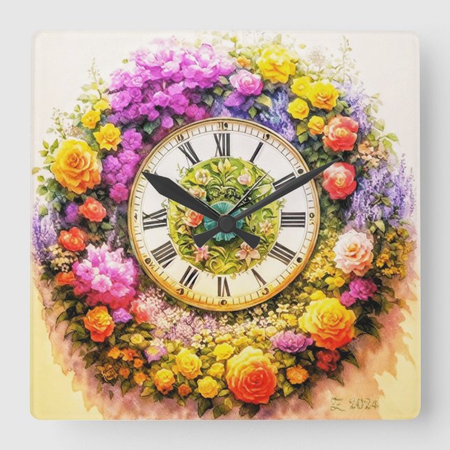 Flower Clock Wall Art Decor Fyrkantig Klocka (Framsida)
